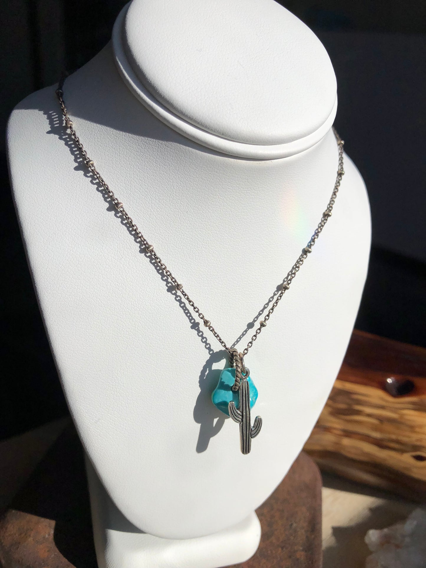 Turquoise Nugget Pendant Necklace - with Cactus Charm- Silver Fox Mine