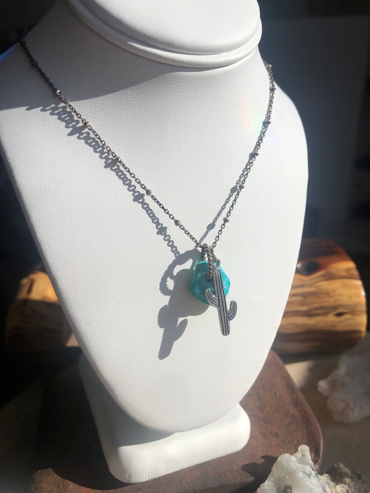 Turquoise Nugget Pendant Necklace - with Cactus Charm- Silver Fox Mine