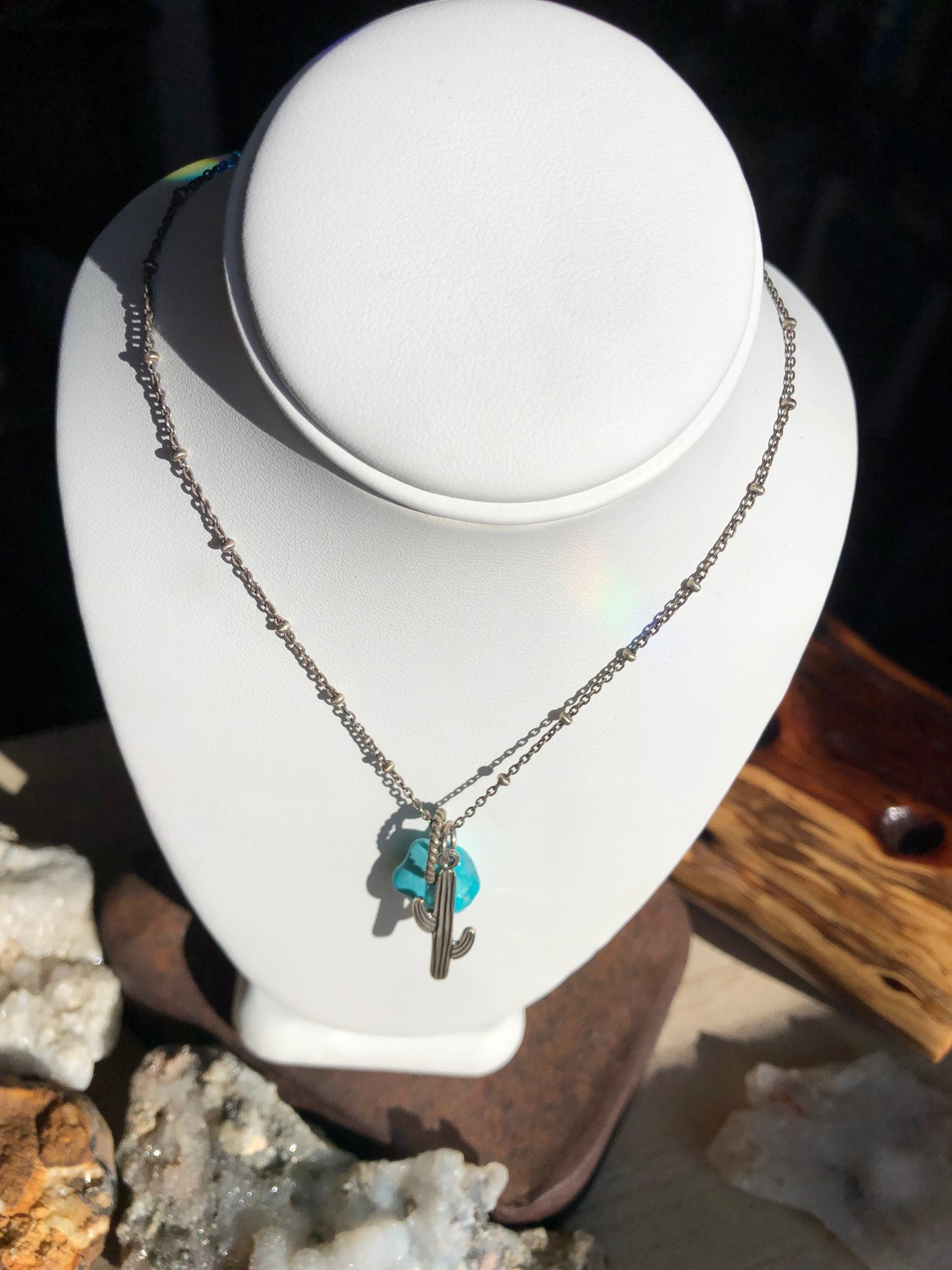 Turquoise Nugget Pendant Necklace - with Cactus Charm- Silver Fox Mine