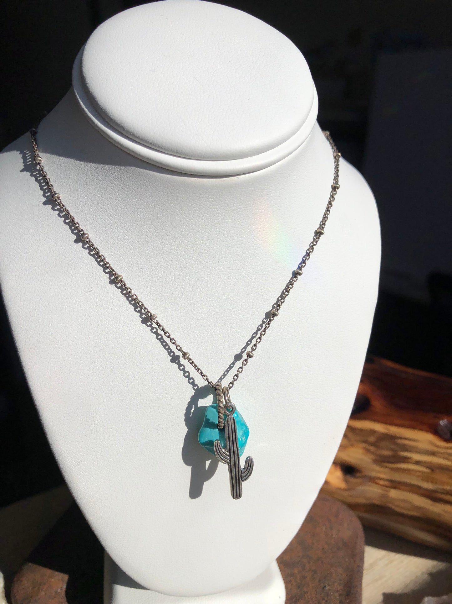 Turquoise Nugget Pendant Necklace - with Cactus Charm- Silver Fox Mine