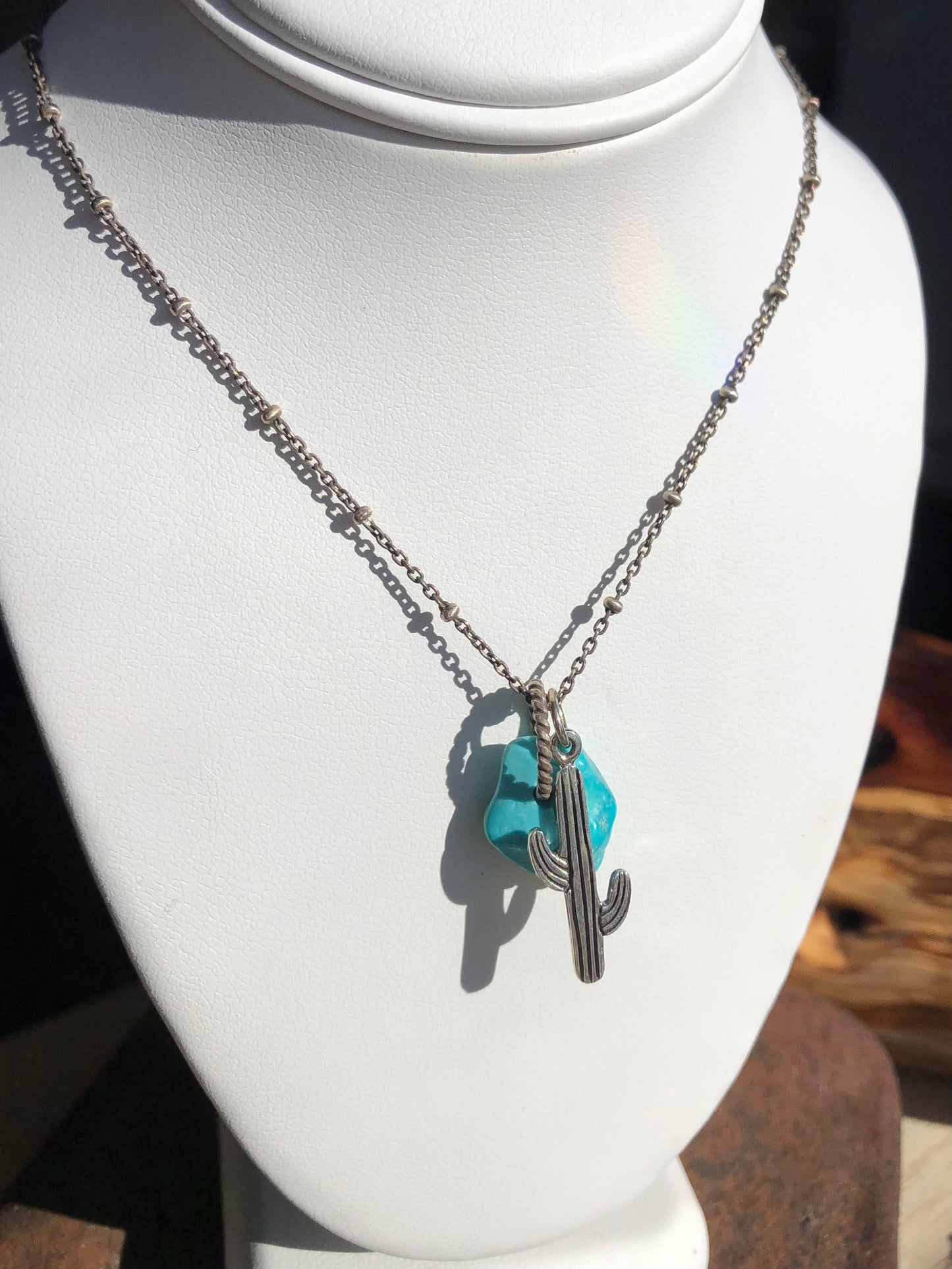 Turquoise Nugget Pendant Necklace - with Cactus Charm- Silver Fox Mine